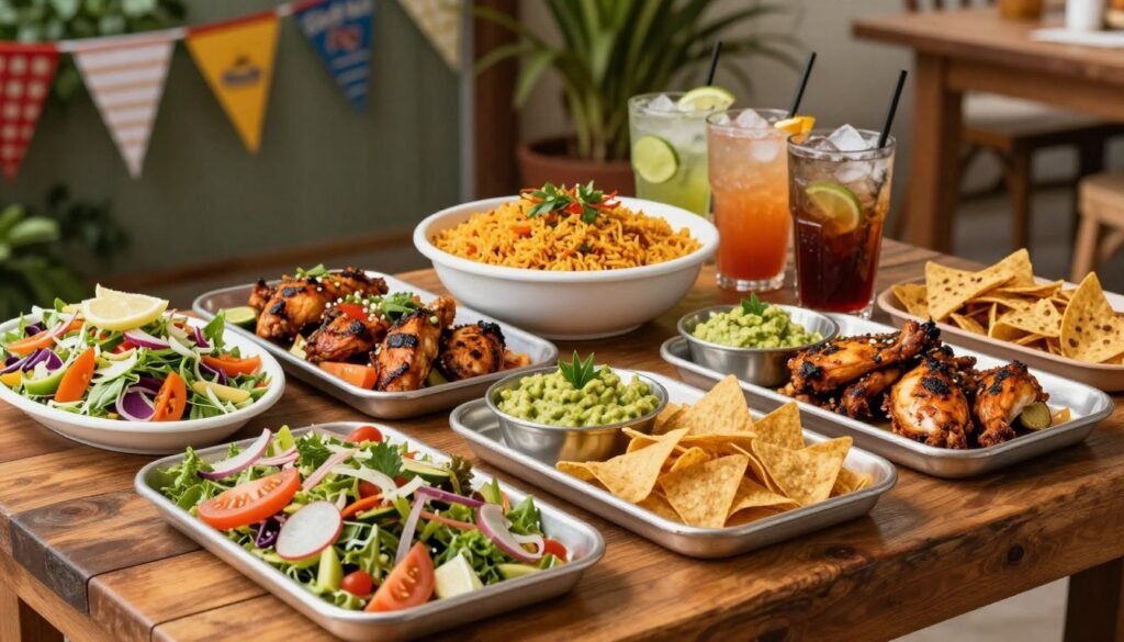 A beautifully arranged El Pollo Loco catering menu displayed on a rustic wooden table, showcasing a variety of colorful dishes. In the foreground, include vibrant salads, grilled chicken platters, and freshly made guacamole with tortilla chips, all artfully presented in stainless steel trays. In the middle ground, feature a large, inviting bowl of Spanish rice and a selection of refreshing beverages on ice. The background should include tasteful decorations, such as festive banners or an outdoor setting with natural lighting creating a warm, inviting atmosphere. Use a slight overhead angle to capture the beautifully organized layout, emphasizing the freshness and variety of the food. The mood should be cheerful and appetizing, inviting viewers to explore the delicious catering options.