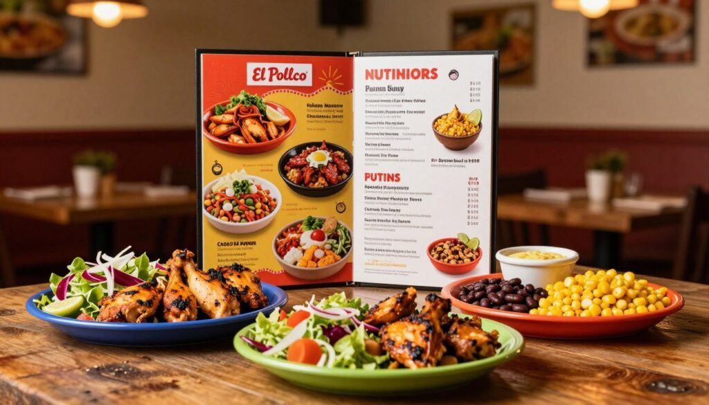 A beautifully arranged El Pollo Loco menu showcasing nutritious options on a rustic wooden table. The foreground features colorful plates filled with grilled chicken, fresh salads, and sides like beans and corn, all artfully presented. In the middle, a vibrant El Pollo Loco menu board stands upright, displaying mouthwatering images of dishes, with a focus on healthy portions. The background captures a warm, inviting restaurant ambiance with soft lighting, emphasizing a cozy vibe. Use a shallow depth of field to create a dreamy effect, with the menu and food in sharp focus. The atmosphere is lively yet welcoming, inviting viewers to explore nutritional choices. A beautifully arranged El Pollo Loco menu showcasing nutritious options on a rustic wooden table. The foreground features colorful plates filled with grilled chicken, fresh salads, and sides like beans and corn, all artfully presented. In the middle, a vibrant El Pollo Loco menu board stands upright, displaying mouthwatering images of dishes, with a focus on healthy portions. The background captures a warm, inviting restaurant ambiance with soft lighting, emphasizing a cozy vibe. Use a shallow depth of field to create a dreamy effect, with the menu and food in sharp focus. The atmosphere is lively yet welcoming, inviting viewers to explore nutritional choices.