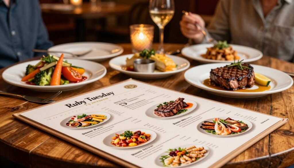 A beautifully arranged Ruby Tuesday dinner menu displayed prominently on a rustic wooden table. In the foreground, an exquisite menu featuring hearty entrées and main dishes like grilled steak, succulent ribs, and fresh seafood, illustrated with vibrant food photography. The middle ground contains elegantly set dinner plates, garnished with colorful vegetables and rich sauces, creating an inviting culinary atmosphere. In the background, warm, ambient lighting casts a cozy glow, with soft-focus elements of a welcoming restaurant environment including blurred images of guests enjoying their meals in casual attire. The overall mood is one of comfort and indulgence, showcasing the delightful options that await patrons at Ruby Tuesday.