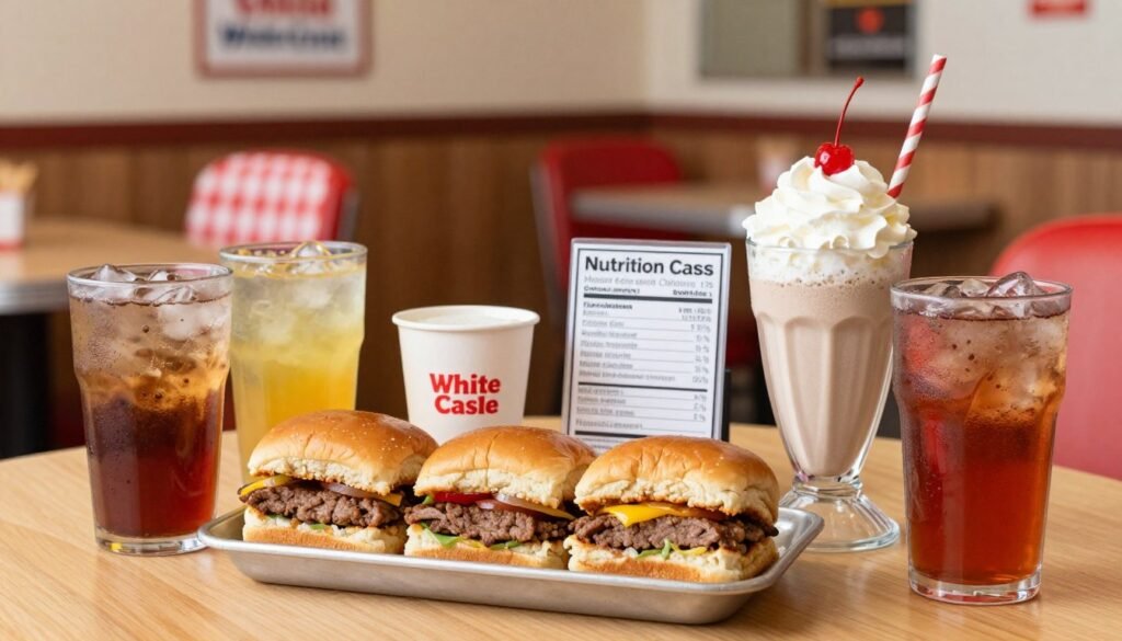 A beautifully arranged White Castle meal featuring a variety of beverages and desserts highlighting their nutritional aspects. In the foreground, showcase a wooden table with multiple White Castle sliders, surrounded by colorful soft drinks in clear cups filled with ice. Include a delightful dessert, like a milkshake topped with whipped cream and a cherry, positioned prominently. In the middle ground, display a small nutrition facts card beside the desserts and drinks, emphasizing hidden calories. The background should be softly blurred, resembling a cozy diner setting with warm, inviting lighting and checkered tablecloths, creating a nostalgic fast-food atmosphere. Use a shallow depth of field to focus on the meal, with soft, natural daylight illuminating the scene, evoking a sense of indulgence and comfort.