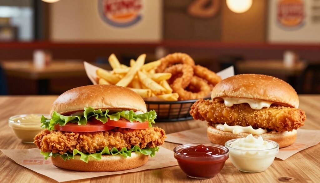 A beautifully arranged burger table setting featuring Burger King's chicken and fish items prominently displayed. In the foreground, a crispy chicken sandwich with fresh lettuce and tomato, alongside a golden fish sandwich with tartar sauce. To the side, a selection of allergen-friendly sauces in small bowls, showcasing vibrant colors. The middle ground includes a stylishly designed platter with fries and onion rings, enticingly garnished. In the background, a softly blurred restaurant setting with warm lighting, emphasizing a welcoming atmosphere. The image should have a shallow depth of field, focusing on the food, while creating a cozy, inviting mood that highlights allergen-friendly options. The lighting should be bright and appetizing, illuminating the textures of the food without harsh shadows.