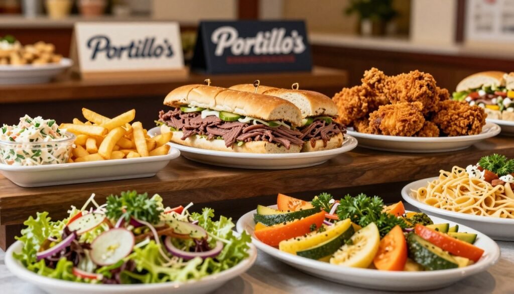 A beautifully arranged catering display featuring Portillo's delicious menu options. In the foreground, highlight an inviting spread of fresh salads, gluten-free pasta, and a selection of vibrant vegetable platters, artfully garnished with herbs. The middle layer showcases classic Portillo's menu favorites like Italian beef sandwiches and crispy chicken, elegantly plated with side dishes like fries and coleslaw. The background features subtly blurred restaurant decor and a soft-focus catering sign, enhancing the festive atmosphere. Use warm, natural lighting to create an inviting environment, with a slight overhead angle that captures the entire spread. The mood should be cheerful and welcoming, perfect for a family gathering or event. No people should be present in the image to maintain focus on the food presentation. A beautifully arranged catering display featuring Portillo's delicious menu options. In the foreground, highlight an inviting spread of fresh salads, gluten-free pasta, and a selection of vibrant vegetable platters, artfully garnished with herbs. The middle layer showcases classic Portillo's menu favorites like Italian beef sandwiches and crispy chicken, elegantly plated with side dishes like fries and coleslaw. The background features subtly blurred restaurant decor and a soft-focus catering sign, enhancing the festive atmosphere. Use warm, natural lighting to create an inviting environment, with a slight overhead angle that captures the entire spread. The mood should be cheerful and welcoming, perfect for a family gathering or event. No people should be present in the image to maintain focus on the food presentation.