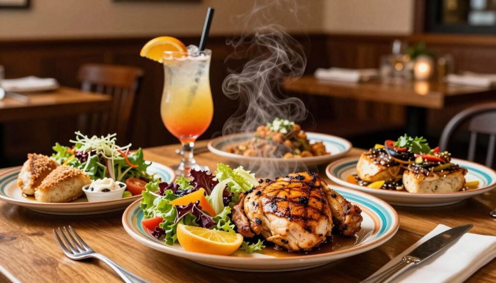 A beautifully arranged dining table featuring an enticing Ruby Tuesday's limited time offer meal, showcasing a vibrant, colorful plate of delicious food items like succulent grilled chicken, fresh garden salad, and mouth-watering side dishes. In the foreground, the dishes are elegantly presented, with steam rising to signify freshness. In the middle ground, a pair of appetizing cocktails adds a refreshing touch, garnished with citrus slices. The background features a softly lit restaurant ambiance with wooden accents, and warm light illuminating the scene, creating a cozy, inviting atmosphere. The lens is slightly angled to capture the richness of the food and the inviting decor. The overall mood is welcoming, conveying a sense of enjoyment and community in the dining experience.
