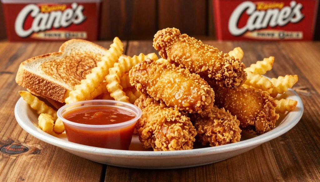 A beautifully arranged plate of Raising Cane's Combos featuring crispy chicken fingers, perfectly golden and juicy, served alongside crinkle-cut fries. In the foreground, a vibrant dipping sauce and a slice of fresh Texas toast emphasize the meal's appeal. The middle ground showcases the combos stacked appealingly, with a subtle sheen from the fried chicken. In the background, a rustic wooden table adds warmth to the scene, along with a blurred view of the Raising Cane's restaurant ambiance, evoking a casual eatery vibe. Soft, natural lighting highlights the textures and colors of the food, while a slight overhead angle gives a comprehensive view. The overall mood is inviting and mouthwatering, perfect for showcasing customer favorites.