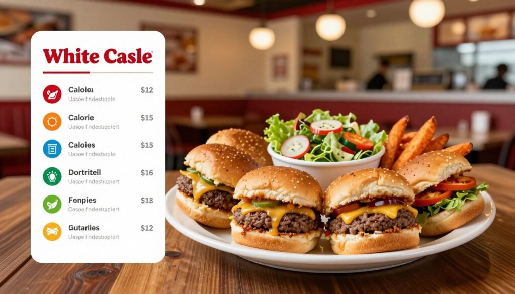 A beautifully arranged plate showcasing an assortment of White Castle sliders, each with unique toppings, surrounded by a vibrant salad and a side of sweet potato fries. The background features a cozy White Castle restaurant interior, complete with ambient lighting creating a warm and welcoming atmosphere. The focus is on the nutritional information displayed artistically alongside the food, with colorful icons representing calorie counts and dietary considerations. Soft, natural lighting enhances the freshness of the food, while a shallow depth of field emphasizes the sliders by slightly blurring the background. The scene conveys a mood of health-conscious dining with a friendly vibe, inviting viewers to explore the careful balance White Castle offers for calorie-conscious eaters.
