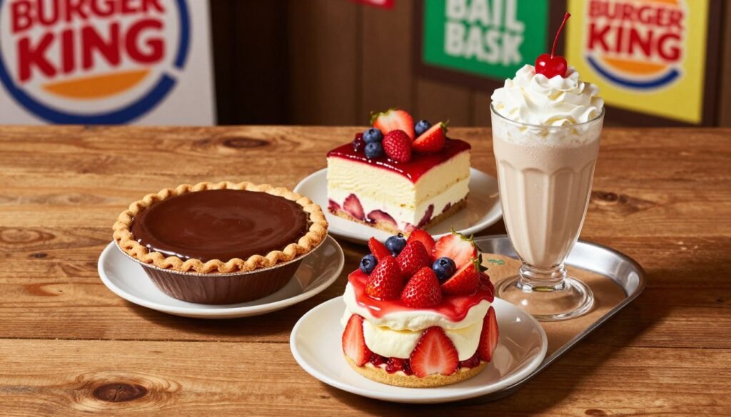 A beautifully arranged platter of Burger King’s seasonal dessert specials, featuring a decadent chocolate pie with a glossy ganache, a vibrant strawberry shortcake with fresh berries, and a creamy vanilla milkshake topped with whipped cream and a cherry. The desserts are placed on a rustic wooden table, with soft, inviting lighting that casts gentle shadows, evoking a warm and indulgent atmosphere. In the background, a blurred Burger King logo and vibrant promotional posters hint at the limited-time offerings. The angle is a dynamic top-down view, showcasing the textures and colors of each dessert while highlighting their appeal. The scene should feel enticing and celebratory, inviting viewers to indulge in these sweet treats.