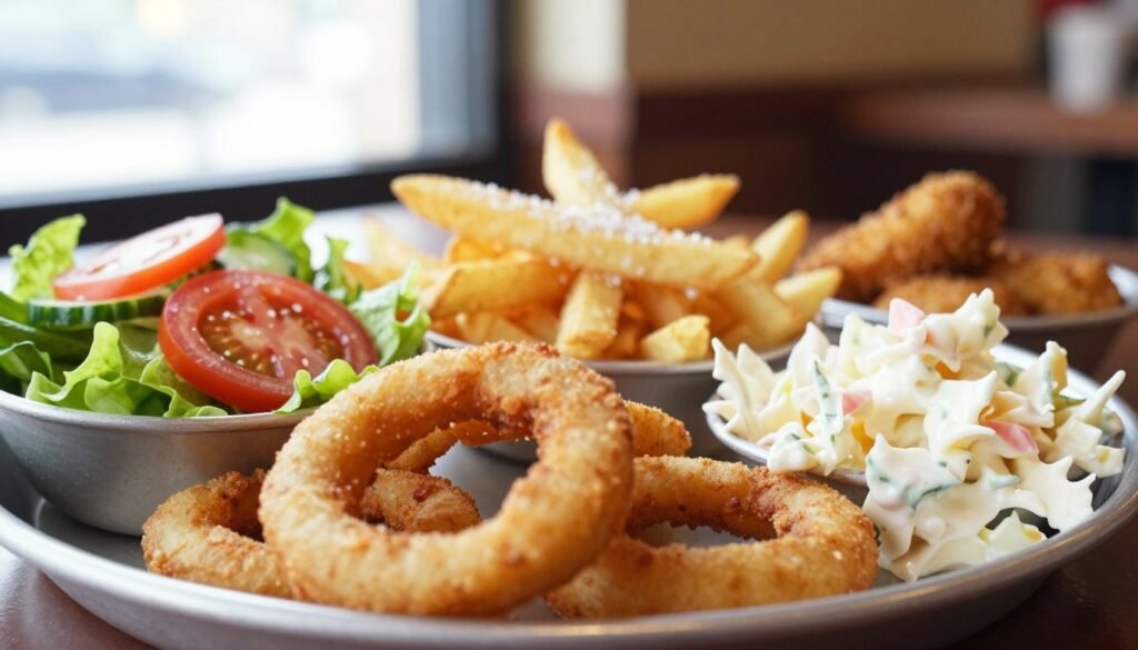 A beautifully arranged platter of White Castle sides, including crispy onion rings, a vibrant garden salad with fresh lettuce, tomatoes, and cucumbers, and a side of creamy coleslaw. The foreground features a close-up of the onion rings, showcasing their golden-brown texture, while the salad is artfully displayed in a bowl, adding a pop of color. In the middle ground, include a small stack of soft, fluffy fries sprinkled with sea salt. The background is softly blurred, hinting at more side options like jalapeño bites and mozzarella sticks in a warm, inviting restaurant setting. Natural lighting filters in from a nearby window, creating a cheerful, cozy atmosphere. The overall mood is appetizing and inviting, perfect for showcasing the delightful accompaniments to classic White Castle burgers.