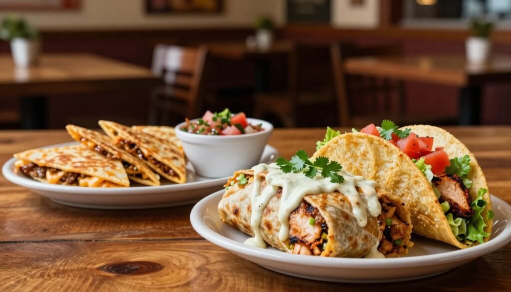 A beautifully arranged table featuring El Pollo Loco's mouthwatering burritos and tacos, with a focus on vibrant colors and fresh ingredients. In the foreground, a large burrito drizzled with creamy sauce and topped with fresh cilantro, alongside a crispy taco loaded with grilled chicken, lettuce, and diced tomatoes. In the middle ground, a side of golden quesadilla slices, oozing cheese and served with a small bowl of tangy salsa. The background shows a rustic restaurant setting with warm wooden tables and soft lighting, creating a welcoming atmosphere. The scene captures a cozy dining experience, inviting viewers to indulge in the delicious menu offerings. Use a shallow depth of field to highlight the food while softly blurring the background for an intimate feel. A beautifully arranged table featuring El Pollo Loco's mouthwatering burritos and tacos, with a focus on vibrant colors and fresh ingredients. In the foreground, a large burrito drizzled with creamy sauce and topped with fresh cilantro, alongside a crispy taco loaded with grilled chicken, lettuce, and diced tomatoes. In the middle ground, a side of golden quesadilla slices, oozing cheese and served with a small bowl of tangy salsa. The background shows a rustic restaurant setting with warm wooden tables and soft lighting, creating a welcoming atmosphere. The scene captures a cozy dining experience, inviting viewers to indulge in the delicious menu offerings. Use a shallow depth of field to highlight the food while softly blurring the background for an intimate feel.