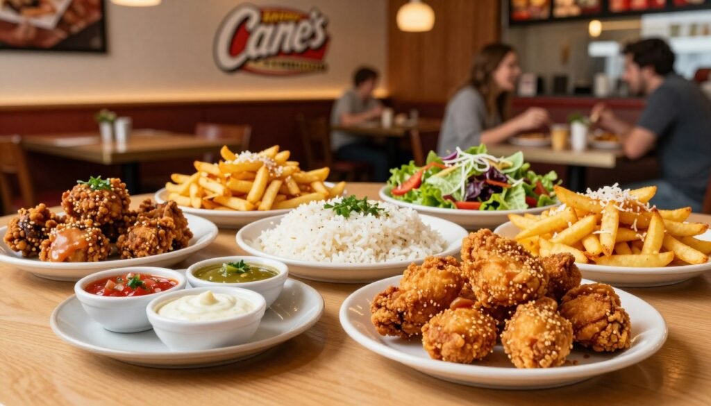 A beautifully arranged table featuring Raising Cane's international menu items, showcasing a variety of regional specialties. In the foreground, a bright platter of crispy chicken fingers accompanied by unique dipping sauces inspired by different cultures, like garlic sauce and spicy salsa. In the middle, a selection of side dishes including fragrant rice, seasoned fries, and fresh salads, all vibrant and appetizing. The background is softly blurred, highlighting a warm and inviting restaurant ambiance with modern decor, subtle lighting, and cheerful patrons enjoying their meals. Capture the essence of a cozy dining experience, evoking a sense of community and delicious flavor exploration. Use warm, inviting lighting to enhance the colors of the food, and opt for a slightly elevated angle to showcase the spread enticingly.