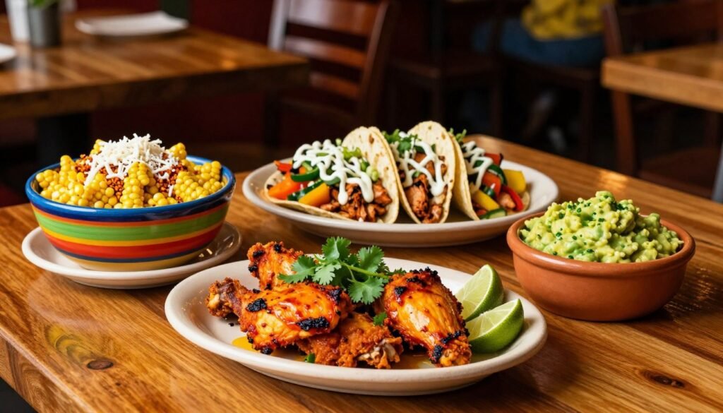 A beautifully arranged table featuring a selection of El Pollo Loco's Mexican-inspired entrées. In the foreground, display a vibrant plate of flame-grilled chicken with a crispy exterior, garnished with fresh cilantro and lime wedges. Beside it, a colorful bowl of Mexican street corn topped with cheese and spices, and a side of zesty guacamole. In the middle, showcase a vibrant taco platter filled with grilled vegetables and succulent chicken, drizzled with creamy sauces. The background should include a warm, inviting restaurant setting, with rustic wooden tables and soft, ambient lighting that emphasizes the food's textures and colors. Capture the scene from a slightly elevated angle to add depth, evoking a cozy, appetizing atmosphere perfect for a foodie experience. A beautifully arranged table featuring a selection of El Pollo Loco's Mexican-inspired entrées. In the foreground, display a vibrant plate of flame-grilled chicken with a crispy exterior, garnished with fresh cilantro and lime wedges. Beside it, a colorful bowl of Mexican street corn topped with cheese and spices, and a side of zesty guacamole. In the middle, showcase a vibrant taco platter filled with grilled vegetables and succulent chicken, drizzled with creamy sauces. The background should include a warm, inviting restaurant setting, with rustic wooden tables and soft, ambient lighting that emphasizes the food's textures and colors. Capture the scene from a slightly elevated angle to add depth, evoking a cozy, appetizing atmosphere perfect for a foodie experience.