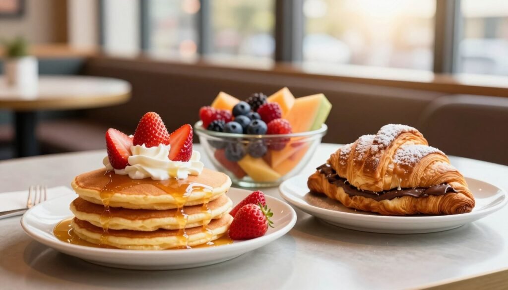 A beautifully arranged table showcasing Burger King's sweet breakfast options. In the foreground, a plate of fluffy pancakes topped with fresh strawberries and whipped cream, drizzled with maple syrup. Beside it, a warm, flaky croissant filled with chocolate, lightly dusted with powdered sugar. In the middle, a colorful fruit bowl filled with vibrant berries and melon slices. The background features a soft-focus view of a cozy café setting with soft morning light streaming through large windows, creating a warm and inviting atmosphere. The lens captures the scene from a slightly elevated angle, emphasizing the delightful assortment of breakfast items. The overall mood is cheerful and appetizing, perfect for a gentle morning vibe.