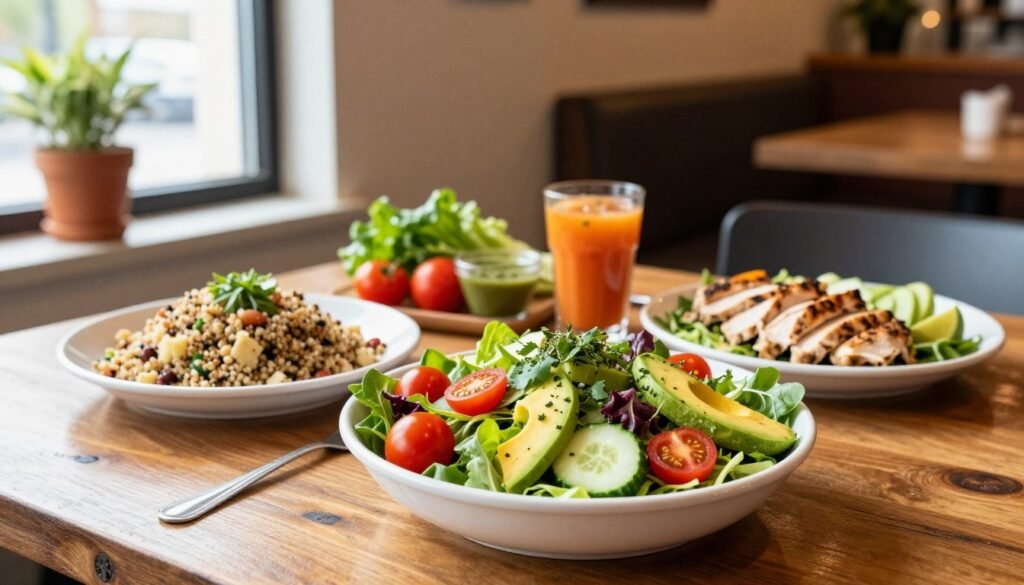 A beautifully arranged table showcasing Portillo's healthy options, featuring vibrant salads with a variety of fresh vegetables, lean proteins like grilled chicken, and colorful dressings. In the foreground, a large bowl of mixed greens topped with cherry tomatoes, cucumbers, and avocado, garnished with herbs. A smaller plate with a quinoa salad beside it, all on a rustic wooden table. In the middle ground, a casual dining setup with fresh ingredients, illuminated by soft natural light streaming from a nearby window, enhancing the colors of the food. The background includes an inviting, modern restaurant interior with potted plants and warm decor, creating a wholesome and nutritious atmosphere that reflects the essence of healthy eating at Portillo's.