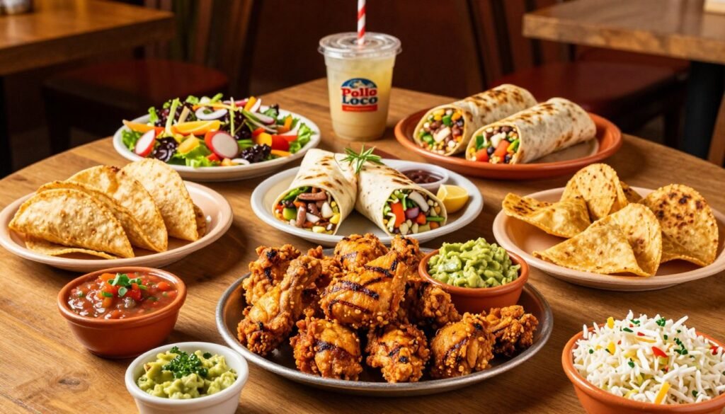 A beautifully arranged table showcasing a vibrant El Pollo Loco family meal, featuring a centerpiece of grilled chicken, crispy tortillas, and fresh sides like coleslaw and beans. In the foreground, a large platter of golden-brown chicken pieces is surrounded by bowls of tangy salsa, guacamole, and rice. The middle ground includes tempting burritos and a colorful salad, invitingly displayed. The background features tasteful restaurant decor, with warm, soft lighting creating a cozy atmosphere. Use a slightly overhead angle to capture the entire meal arrangement, emphasizing the abundance and variety. The mood should feel inviting and communal, perfect for family sharing experiences, reflecting a celebration of flavorful eats.