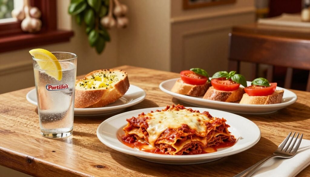 A beautifully arranged table showcasing an array of Portillo's Italian specialties, including a vibrant plate of lasagna with layers of rich marinara sauce and creamy cheese, a side of garlic bread glistening with melted butter, and fresh bruschetta topped with ripe tomatoes and basil. In the foreground, there's a glass of sparkling Italian soda with a slice of lemon. The middle ground features a rustic wooden table with a woven tablecloth, enhancing the homely Italian dining atmosphere. The warm, golden lighting casts soft shadows, creating an inviting ambiance. The background hints at an Italian trattoria with soft-focus decor of hanging garlic and basil plants, evoking a sense of authenticity and warmth. This image captures the essence of Italian comfort food to entice viewers to explore Portillo's hidden treasures. A beautifully arranged table showcasing an array of Portillo's Italian specialties, including a vibrant plate of lasagna with layers of rich marinara sauce and creamy cheese, a side of garlic bread glistening with melted butter, and fresh bruschetta topped with ripe tomatoes and basil. In the foreground, there's a glass of sparkling Italian soda with a slice of lemon. The middle ground features a rustic wooden table with a woven tablecloth, enhancing the homely Italian dining atmosphere. The warm, golden lighting casts soft shadows, creating an inviting ambiance. The background hints at an Italian trattoria with soft-focus decor of hanging garlic and basil plants, evoking a sense of authenticity and warmth. This image captures the essence of Italian comfort food to entice viewers to explore Portillo's hidden treasures.