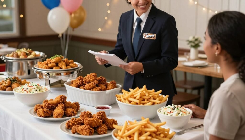 A beautifully arranged table showcasing an assortment of custom Catering Packages from Raising Cane's, with vibrant and colorful food options in the foreground. Include mouth-watering chicken tenders, crispy fries, fresh coleslaw, and dipping sauces displayed in elegant serving dishes. In the middle ground, a professional caterer in business attire is interacting with a satisfied customer, discussing the catering options with a warm smile. The background features a festive event setting, filled with subtle decorative elements like balloons and string lights, enhancing the inviting atmosphere. The soft, natural lighting creates a warm and engaging mood, making the food appear even more delicious and appealing. Capture the scene from a slightly elevated angle to showcase the full spread in depth.