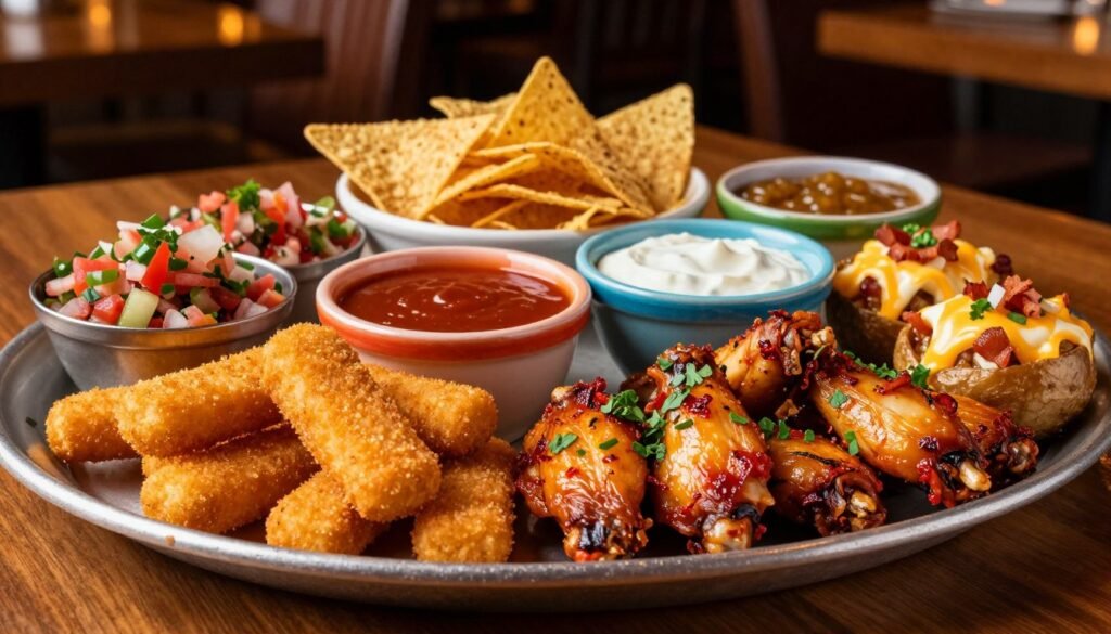 A beautifully arranged table showcasing an enticing selection of Ruby Tuesday appetizers. In the foreground, a vibrant platter features crispy mozzarella sticks, spicy chicken wings garnished with fresh herbs, and loaded potato skins topped with melted cheese and bacon bits. The middle ground includes a colorful bowl of signature dipping sauces like marinara and ranch, alongside crispy tortilla chips with a side of zesty salsa. In the background, a softly lit restaurant atmosphere is visible, with warm wooden furnishings and cozy ambient lighting creating an inviting mood. The image should be shot from a slightly elevated angle to capture all the delicious details clearly, emphasizing the textures and colors of the food.