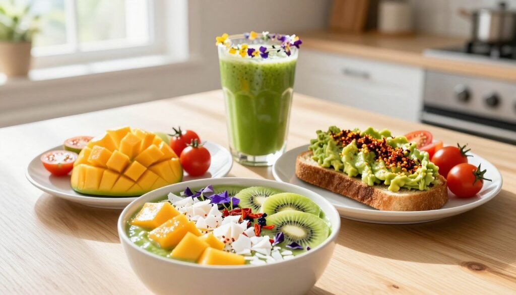 A beautifully arranged tabletop featuring a vibrant tropical smoothie bowl topped with fresh fruits like mango, kiwi, and coconut flakes in the foreground. Beside it, a plate with fluffy avocado toast sprinkled with chili flakes and a side of colorful cherry tomatoes adds a delightful contrast. In the middle ground, a refreshing glass of green smoothie with edible flowers garnishing the rim shines brightly. The background reveals a sunny kitchen setting with soft morning light streaming in through large windows, creating a warm, inviting atmosphere. Utilize a slightly elevated angle to capture the textures and colors of the dishes, enhancing the freshness and vibrancy of the meal. Overall, convey a cheerful, energizing mood that embodies the joy of a healthy breakfast.