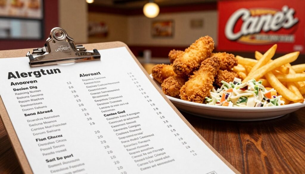 A clean and informative layout of Raising Cane's allergen information displayed on a clipboard in the foreground, featuring well-organized sections for each menu item. The middle-ground shows a vibrant plate of Raising Cane's chicken fingers, fries, and coleslaw, emphasizing the food's golden-brown color and crispiness. In the background, a subtle blurred ambiance of a casual dining setting in Raising Cane's, with warm lighting that creates an inviting atmosphere. The image should utilize a wide-angle lens to provide a thorough view of the contents. Aim for a professional and educational mood, ensuring that the allergen information is visually accessible and clear, free from any distractions like text overlays or watermarks. A clean and informative layout of Raising Cane's allergen information displayed on a clipboard in the foreground, featuring well-organized sections for each menu item. The middle-ground shows a vibrant plate of Raising Cane's chicken fingers, fries, and coleslaw, emphasizing the food's golden-brown color and crispiness. In the background, a subtle blurred ambiance of a casual dining setting in Raising Cane's, with warm lighting that creates an inviting atmosphere. The image should utilize a wide-angle lens to provide a thorough view of the contents. Aim for a professional and educational mood, ensuring that the allergen information is visually accessible and clear, free from any distractions like text overlays or watermarks.