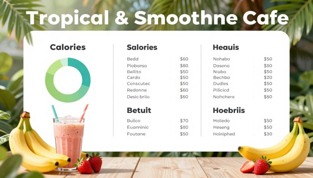 A clean, visually appealing infographic-style image showcasing the nutritional information of Tropical Smoothie Cafe food menu items. In the foreground, display vibrant, colorful fruit and smoothie illustrations, such as bananas, strawberries, and leafy greens, arranged artfully. In the middle layer, provide neatly organized charts or tables with clear nutritional data, including calories, protein, and ingredients, designed with a bright, tropical theme. The background should feature lush, tropical foliage, conveying an inviting and healthy atmosphere. Use soft, natural lighting to create a fresh and vibrant mood, capturing the essence of a sunny cafe environment. The overall composition should be sleek, modern, and easy to read, with a focus on cleanliness and professionalism. A clean, visually appealing infographic-style image showcasing the nutritional information of Tropical Smoothie Cafe food menu items. In the foreground, display vibrant, colorful fruit and smoothie illustrations, such as bananas, strawberries, and leafy greens, arranged artfully. In the middle layer, provide neatly organized charts or tables with clear nutritional data, including calories, protein, and ingredients, designed with a bright, tropical theme. The background should feature lush, tropical foliage, conveying an inviting and healthy atmosphere. Use soft, natural lighting to create a fresh and vibrant mood, capturing the essence of a sunny cafe environment. The overall composition should be sleek, modern, and easy to read, with a focus on cleanliness and professionalism.
