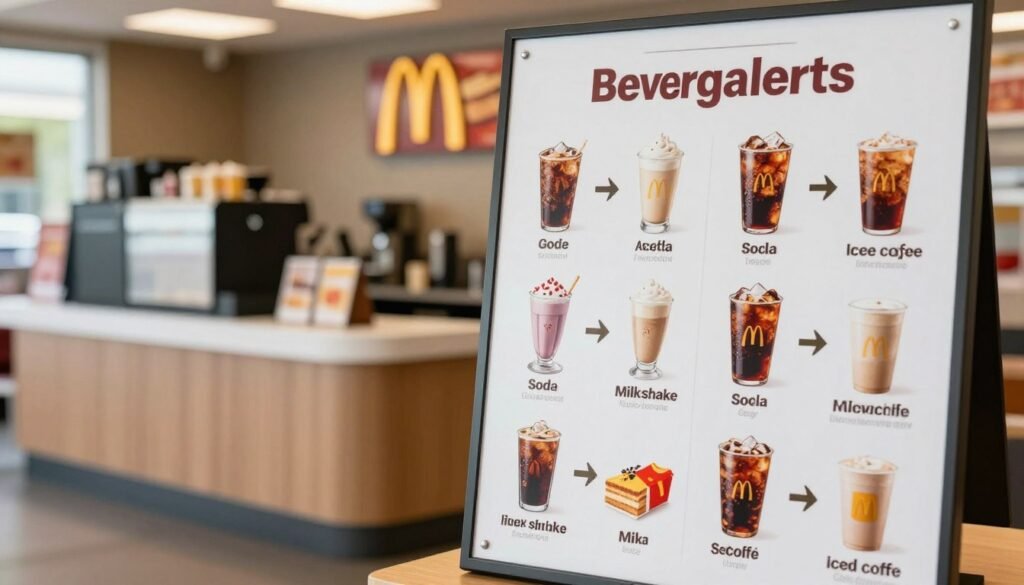 A clean, well-organized McDonald's beverage allergen information chart prominently displayed in the foreground, showcasing a variety of drinks like sodas, milkshakes, and iced coffee, each with clear allergen icons and labels. In the middle ground, a bright, inviting McDonald's restaurant background with a counter and beverage dispensers subtly hinted at, emphasizing a casual dining atmosphere. Soft, natural lighting illuminates the scene, creating a friendly and informative vibe. The camera angle is a slight overhead shot, capturing the chart's details while showing the welcoming environment. The overall mood should feel accessible and educational, ensuring that viewers perceive it as a reliable source of information about beverage allergen options.