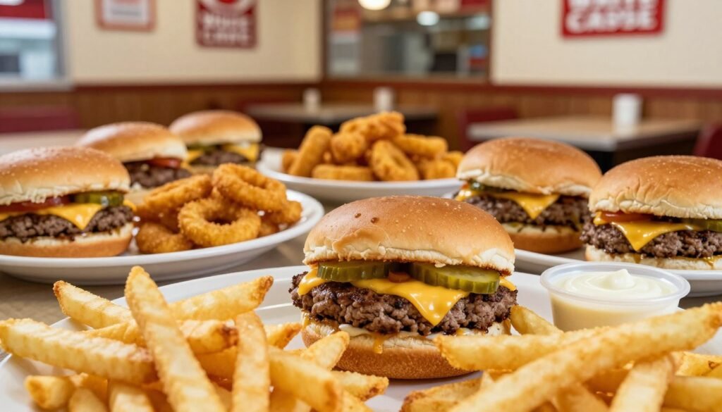 A close-up, appetizing display of a White Castle Value Menu spread. In the foreground, showcase iconic White Castle sliders, each with a perfectly cooked beef patty, melted cheese, and pickles, nestled in the signature steamed buns. Surround them with crispy fries and a small container of dipping sauce. In the middle ground, include a neatly arranged selection of the value menu items, such as chicken rings and mozzarella sticks, elegantly presented on a classic white plate. The background features a soft-focus, warmly lit interior of a White Castle restaurant, exuding a cozy and inviting atmosphere. Use natural lighting to enhance the colors of the food, capturing a mouthwatering appeal. The angle should be slightly above the table, providing a comprehensive view of the delicious offerings that entice and attract the viewer’s attention.