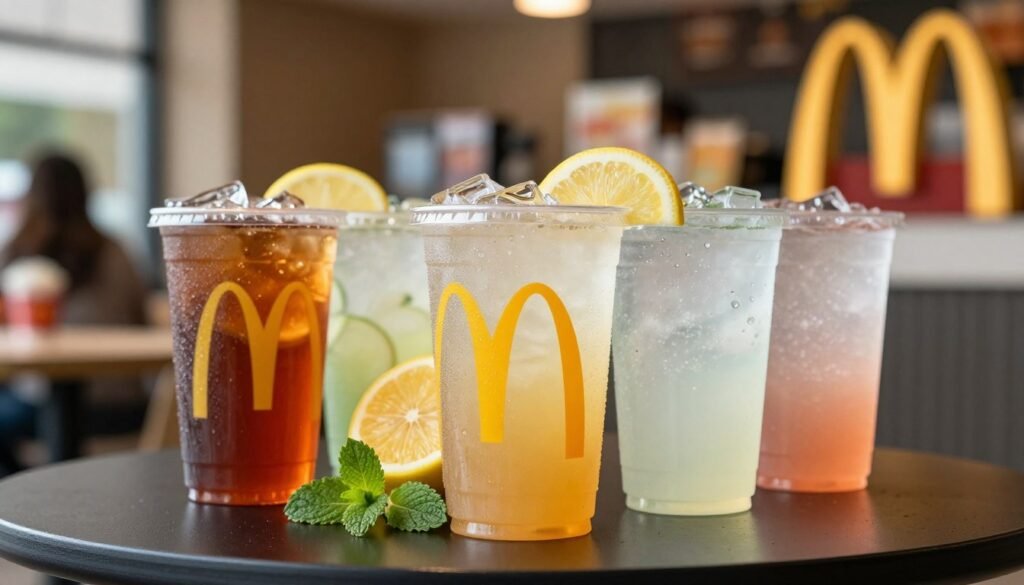 A close-up of a vibrant display of low-calorie drinks available at McDonald's, featuring colorful cups of iced tea, light lemonades, and refreshing flavored waters. The foreground shows three drinks on a sleek black table, with condensation, highlighting their chill and freshness. In the middle, a subtle arrangement of fruit garnishes such as lemon slices and mint leaves adds a pop of natural color. The background is softly blurred with the faint outline of a lively McDonald's restaurant, suggesting a friendly and inviting atmosphere, with warm lighting creating a cozy feel. The angle captures the drinks at eye level, making them the focal point. This image exudes a sense of health and vitality, perfect for showcasing nutritious beverage options.