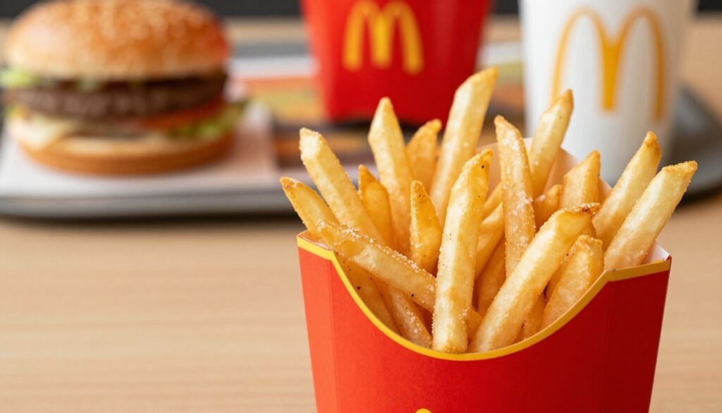 A close-up view of McDonald's World-Famous Fries, golden and crispy, placed in a bright red container with the iconic yellow logo, prominently displayed in the foreground. The fries are sprinkled with a light dusting of salt, glistening under warm, natural lighting that highlights their texture. In the middle, a blurred-out background features a casual dining setting with a wooden table and a few other McDonald's items, like a burger and a drink, creating a cozy atmosphere. The angle is slightly overhead, capturing both the fries and the table's inviting setup, evoking a sense of comfort and anticipation. The overall mood is cheerful and inviting, perfect for a casual dining experience.