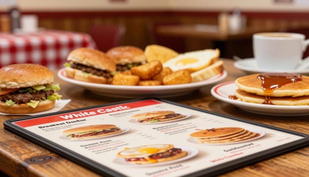 A close-up view of a White Castle breakfast menu displayed on a rustic wooden table, showcasing vibrant images of breakfast items like sliders, hash browns, and pancakes with syrup. The foreground focuses on the menu items, highlighting their textures and colors under warm, inviting lighting that creates a cozy morning atmosphere. In the middle, there is a neatly arranged breakfast feast featuring multiple items served on a classic diner-style plate. The background is softly blurred with the hint of a diner environment, adorned with classic decor like red checkered tablecloths and coffee cups. The overall mood is cheerful and welcoming, suggesting a cozy breakfast experience at White Castle. A close-up view of a White Castle breakfast menu displayed on a rustic wooden table, showcasing vibrant images of breakfast items like sliders, hash browns, and pancakes with syrup. The foreground focuses on the menu items, highlighting their textures and colors under warm, inviting lighting that creates a cozy morning atmosphere. In the middle, there is a neatly arranged breakfast feast featuring multiple items served on a classic diner-style plate. The background is softly blurred with the hint of a diner environment, adorned with classic decor like red checkered tablecloths and coffee cups. The overall mood is cheerful and welcoming, suggesting a cozy breakfast experience at White Castle.