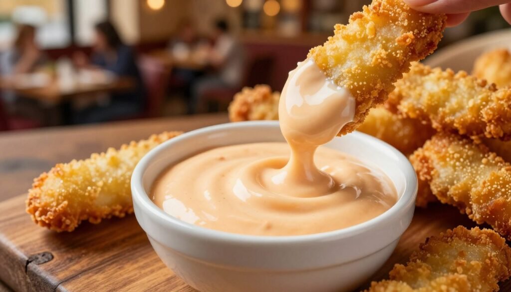 A close-up view of a small, elegant bowl filled with Cane's Sauce, positioned on a rustic wooden table. The sauce is a creamy, slightly orange hue, glistening under soft, warm lighting that accentuates its texture. Surrounding the bowl are mouth-watering chicken fingers, freshly fried to a golden brown, with a few dipping into the sauce. In the background, a blurred image of a lively restaurant scene adds context, evoking a sense of community and enjoyment. The atmosphere is inviting and cheerful, perfect for sharing delicious food with friends or family. The shot is taken from a slightly elevated angle, capturing the richness of the sauce and the appeal of the accompanying chicken fingers.