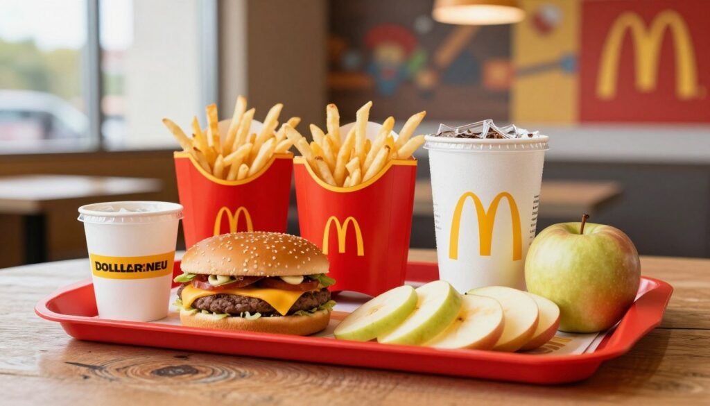 A close-up view of a vibrant McDonald's Dollar Menu spread displayed on a rustic wooden table. The foreground features an array of Dollar Menu items, including a cheeseburger, small fries, a soft drink, and apple slices, artistically arranged on a bright red tray. In the middle, a detailed nutritional chart showcasing calories, fat, and protein content is partially visible next to the food items. The background includes blurred imagery of the restaurant's cheerful interior, with iconic McDonald's branding in soft focus. Natural light streams in from a nearby window, creating a warm and inviting atmosphere, emphasizing the freshness of the food. The overall mood is casual and appetizing, perfect for conveying a family-friendly dining experience.
