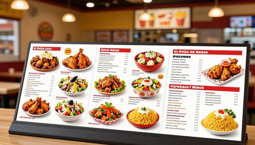 A colorful El Pollo Loco menu displayed prominently in the foreground, showcasing a variety of delicious items such as flame-grilled chicken, fresh salads, and vibrant side dishes like corn and rice. The middle ground features an assortment of price tags for each menu item, arranged neatly to catch the eye. In the background, a warm and inviting restaurant setting can be seen, with soft ambient lighting that highlights the menu's freshness and appeal. The scene is arranged from a slightly elevated angle to capture all the elements clearly and create a welcoming atmosphere. The overall mood is vibrant and appetizing, enticing viewers to explore the menu further while emphasizing nutritional information and dietary options within a modern dining space.