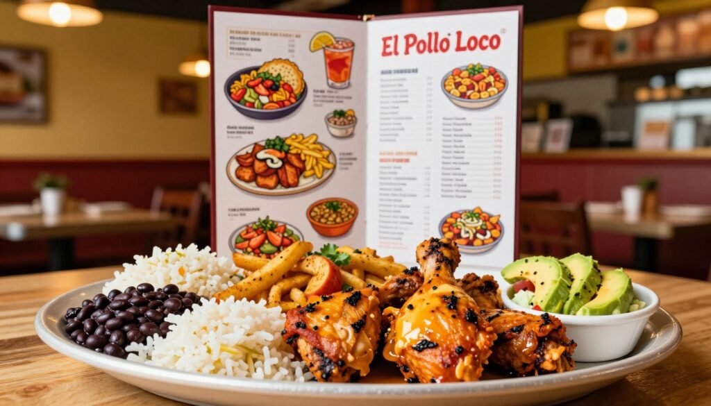 A colorful and appetizing representation of an El Pollo Loco menu, prominently featuring various nutritious Mexican dishes. In the foreground, display a beautifully arranged platter showcasing grilled chicken, fresh sides like black beans, rice, and avocado salad, all presented in vibrant colors. The middle ground should include a stylized menu board, elegantly designed, with illustrations of the dishes and nutritional information subtly incorporated. For the background, use a warm, lively restaurant setting that reflects a cheerful ambiance, with soft, inviting lighting creating a cozy atmosphere. The scene should be photographed from a slightly elevated angle with a shallow depth of field, capturing the delicious details of the food while ensuring the environment feels inviting and warm. A colorful and appetizing representation of an El Pollo Loco menu, prominently featuring various nutritious Mexican dishes. In the foreground, display a beautifully arranged platter showcasing grilled chicken, fresh sides like black beans, rice, and avocado salad, all presented in vibrant colors. The middle ground should include a stylized menu board, elegantly designed, with illustrations of the dishes and nutritional information subtly incorporated. For the background, use a warm, lively restaurant setting that reflects a cheerful ambiance, with soft, inviting lighting creating a cozy atmosphere. The scene should be photographed from a slightly elevated angle with a shallow depth of field, capturing the delicious details of the food while ensuring the environment feels inviting and warm.