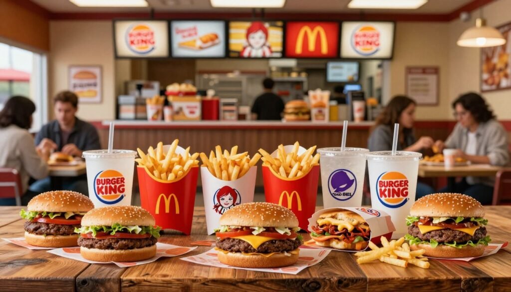 A colorful and detailed comparison of fast food value menus displayed on a rustic wooden table. In the foreground, a variety of iconic menu items from Burger King’s Dollar Menu, like small burgers, fries, and drinks, are arranged appealingly alongside similar offerings from McDonald's, Wendy's, and Taco Bell, showcasing their unique packaging. The middle ground features a vibrant, bustling fast-food restaurant scene with patrons enjoying their meals. In the background, well-lit signage of each fast-food chain is slightly blurred to emphasize the food items. The overall mood is lively and inviting, with warm lighting accentuating the deliciousness of the meals. Shot with a wide-angle lens to capture the ambiance, creating a friendly and casual fast food atmosphere.