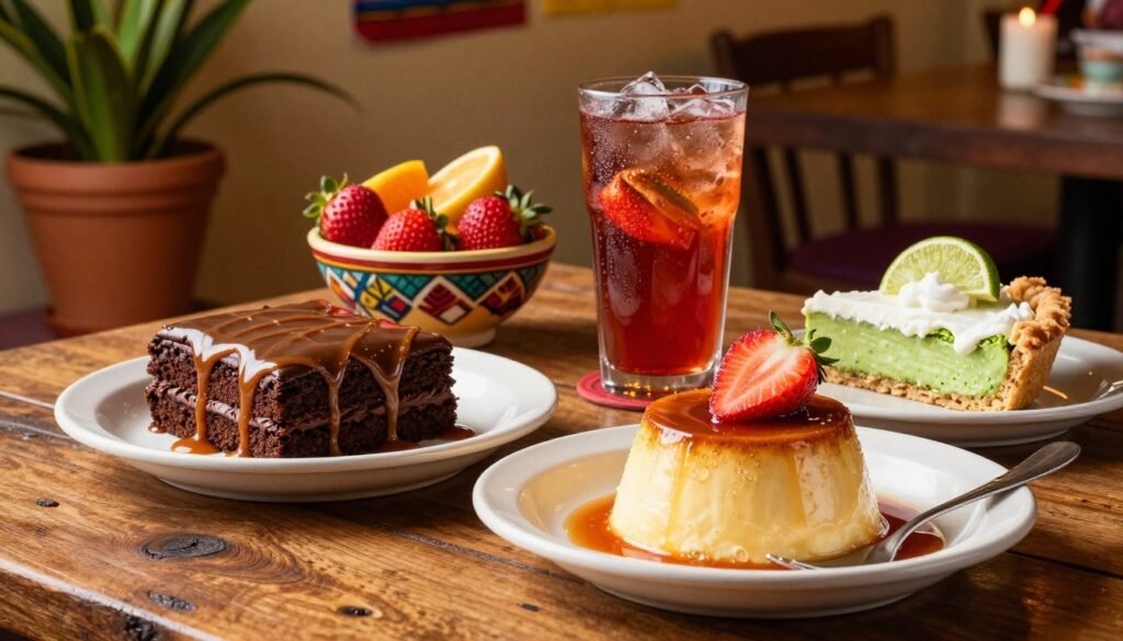 A colorful and inviting display of El Pollo Loco's signature desserts, featuring a rich chocolate cake drizzled with caramel sauce, creamy flan topped with fresh strawberries, and a vibrant key lime pie garnished with a slice of lime. In the foreground, a rustic wooden table holds these delectable treats, with a decorative bowl of fresh fruit nearby. The middle ground showcases a refreshing glass of iced hibiscus tea, glistening with condensation. The background is a warm, softly lit dining setting with potted plants and subtle Mexican-themed decor, creating a cozy and welcoming atmosphere. The lighting is warm and inviting, emphasizing the textures and colors of the desserts, shot from a slightly elevated angle to capture the spread beautifully.