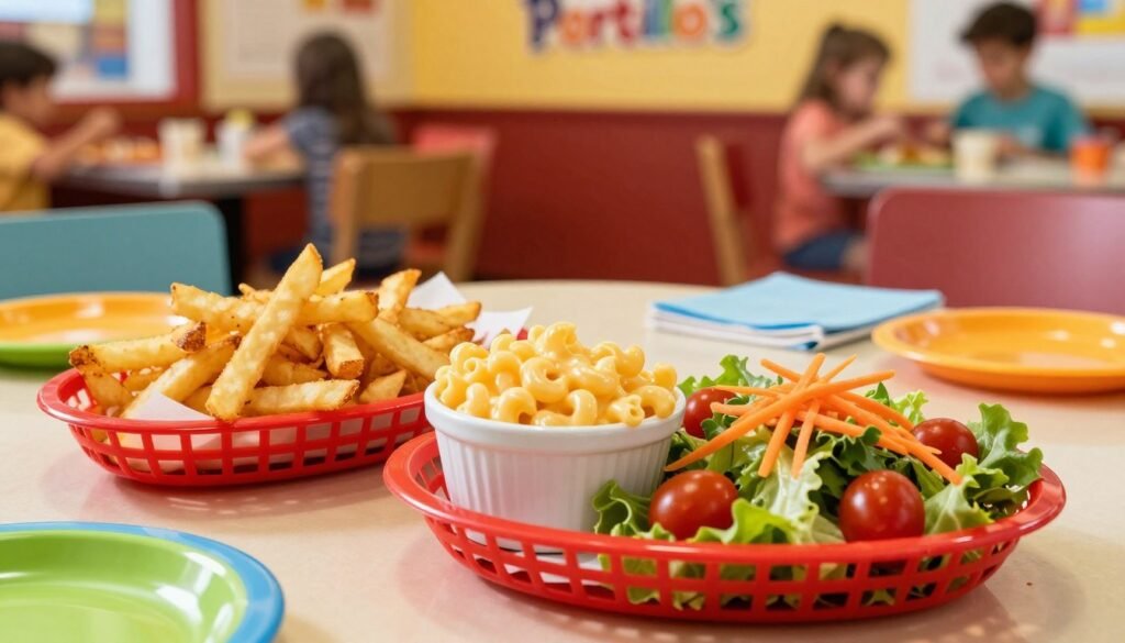 A colorful, appetizing display of Portillo's kids menu side dishes, featuring crispy French fries in a red basket, a small cup of creamy macaroni and cheese, and a vibrant garden salad with cherry tomatoes and shredded carrots. The foreground should highlight the side dishes with a slight sheen to emphasize freshness, while the middle ground can include a playful, child-friendly table setting with colorful plates and napkins. In the background, a soft-focus image of a cozy diner environment with warm lighting, evoking a family-friendly atmosphere. Capture the scene with a wide-angle lens to showcase the delightful variety and inviting presentation of the food, creating a cheerful mood perfect for a kids menu.