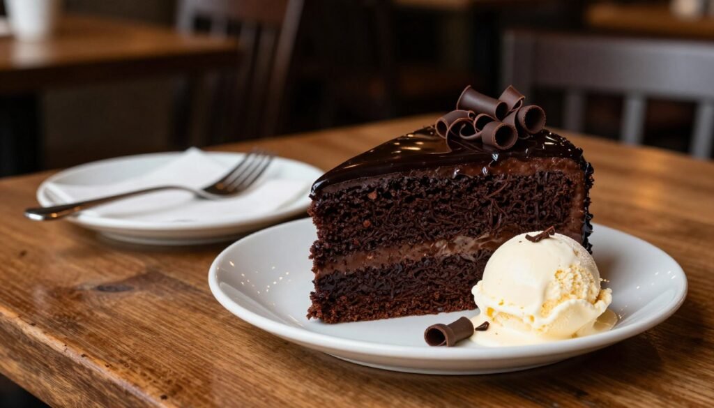 A decadent slice of Portillo's Chocolate Cake, showcasing its rich, dark chocolate layers with a glossy ganache glaze, sitting on a rustic wooden table. In the foreground, the cake is garnished with delicate chocolate curls and a scoop of vanilla ice cream melting beside it, emphasizing its indulgent nature. The middle ground features a plate with a fork, invitingly placed for a perfect presentation. Soft, warm lighting casts an inviting glow, highlighting the cake’s texture and sheen, while a cozy cafe setting is blurred in the background, enhancing the delicious focus on the cake. The overall mood is warm and inviting, capturing the essence of a beloved Chicago treat that feels both comforting and luxurious.