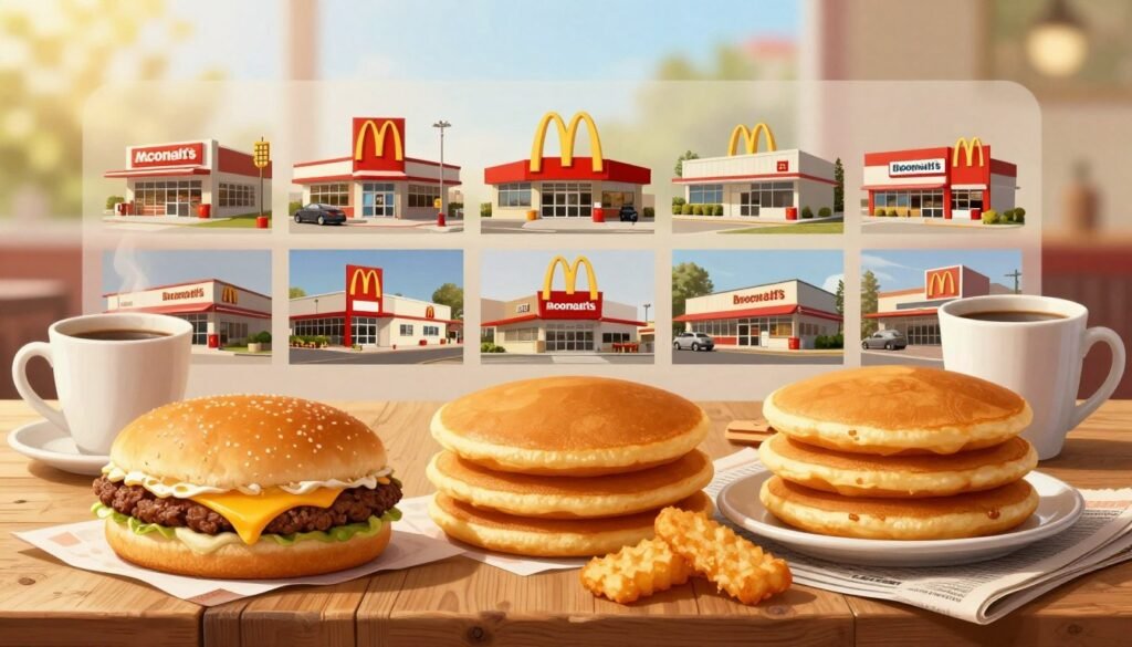 A detailed and engaging illustration showcasing the evolution of McDonald's breakfast menu, featuring a vibrant collage of iconic breakfast items over the decades. In the foreground, depict classic items such as the Egg McMuffin, hotcakes, and hash browns artfully arranged on a vintage wooden table. In the middle layer, incorporate historical photographs or drawings of McDonald's locations from different eras, demonstrating the changes in design and branding. The background should blur slightly, hinting at a sunny morning, evoking warm, inviting lighting to capture the spirit of breakfast. Use a soft focus effect to create an atmosphere of nostalgia and comfort, as if reminiscing about beloved breakfast moments. Include elements like a coffee cup and a newspaper to enhance the breakfast theme, ensuring an appealing, cohesive look.