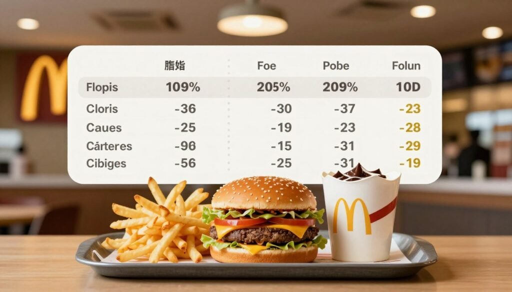 A detailed and visually engaging representation of McDonald's nutritional information. In the foreground, a neatly arranged plate featuring a selection of iconic McDonald's secret menu items, such as a Big Mac, fries, and a McFlurry, is displayed with subtle reflections. In the middle, an elegant chart or infographic showcases the nutritional values—calories, fats, and proteins—designed in a modern, easy-to-read format. The background features a blurred image of a McDonald's restaurant interior, warm lighting creating a welcoming atmosphere. A slight overhead angle captures both the plate and the infographic, giving an informative yet appetizing feel. The overall mood is professional and educational, suited for readers wanting to understand nutritional considerations. A detailed and visually engaging representation of McDonald's nutritional information. In the foreground, a neatly arranged plate featuring a selection of iconic McDonald's secret menu items, such as a Big Mac, fries, and a McFlurry, is displayed with subtle reflections. In the middle, an elegant chart or infographic showcases the nutritional values—calories, fats, and proteins—designed in a modern, easy-to-read format. The background features a blurred image of a McDonald's restaurant interior, warm lighting creating a welcoming atmosphere. A slight overhead angle captures both the plate and the infographic, giving an informative yet appetizing feel. The overall mood is professional and educational, suited for readers wanting to understand nutritional considerations.