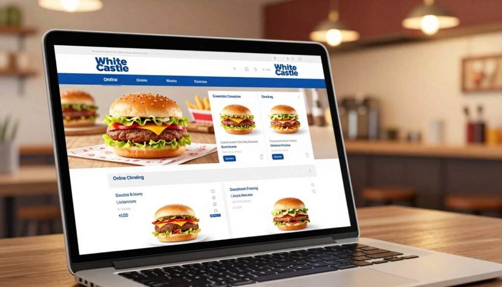 A detailed digital illustration of an engaging White Castle online ordering interface on a computer screen. In the foreground, a modern laptop displays the White Castle burger menu, featuring mouthwatering images of classic sliders and sides. The middle layer shows the vibrant colors of the menu items, highlighting the iconic white and blue branding of White Castle. In the background, a cozy kitchen setting is softly illuminated with warm, inviting lighting, suggesting a friendly, casual atmosphere for ordering food. The angle should be slightly elevated to capture both the laptop screen and the kitchen's inviting details. The mood is appetizing and appealing, enticing viewers to explore the simplicity of ordering their favorite burgers from home.