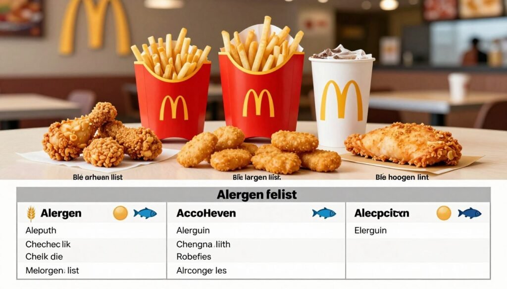 A detailed illustration of a McDonald's allergen list specifically for chicken and fish items, designed for a formal article. In the foreground, feature a neatly organized table displaying allergen information, including allergen icons like wheat, soy, and fish. The middle section shows various chicken and fish products, such as chicken nuggets and filets, artistically arranged around the table, each labeled with allergen details. The background features a soft-focus of a McDonald's restaurant setting, creating an inviting atmosphere. The lighting is bright and even, highlighting the food items and the table, while conveying a clean and professional look. The composition should be well-balanced with a clear emphasis on the allergen list, ensuring that the viewer's focus remains on the informational content.