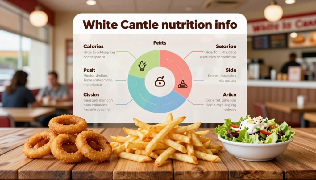 A detailed infographic-style image showcasing "White Castle nutrition info," focusing on side items that promote calorie-smart choices. In the foreground, display a colorful assortment of White Castle side items like onion rings, French fries, and side salads arranged appealingly on a rustic wooden table. In the middle, include an abstracted chart or visual representation of nutrition facts, such as calories, fat, and other key nutrients, integrating icons for easy comprehension. The background should feature a soft-focus view of a lively White Castle restaurant, exuding a warm, welcoming atmosphere with ambient lighting and a bustling feel. Capture the mood of making informed food choices, emphasizing health and enjoyment, using bright, natural light to enhance the freshness of the food items.