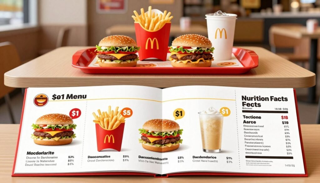A detailed, informative image showcasing the nutrition facts of McDonald's $1 Menu, arranged neatly on a restaurant-style background. In the foreground, a stylized depiction of an open menu with colorful icons of menu items like a cheeseburger, fries, and soft drink, each labeled with calorie counts and nutritional information like fats, carbohydrates, and proteins. The middle layer features a clean, wooden table with a bright red McDonald's tray holding various $1 menu items, subtly emphasizing their appeal. In the background, soft-focus elements of a busy McDonald's restaurant ambiance, with warm lighting creating an inviting atmosphere. The overall mood is cheerful and appetizing, perfect for illustrating the section on nutrition breakdown.