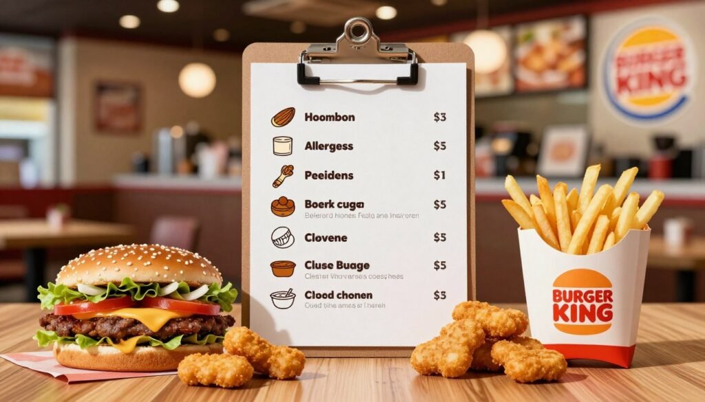 A detailed, visually appealing representation of the Burger King allergens list, laid out on a clean, wooden table. In the foreground, a colorful spread of popular Burger King menu items, including a Whopper, chicken nuggets, and a side of fries, subtly indicates allergen information next to each item with small icons. In the middle, a neatly arranged allergens list on a clipboard with a soft shadow, featuring symbols for common allergens like nuts, dairy, and gluten, ensuring clarity without text. In the background, a softly blurred Burger King restaurant interior with warm lighting creates an inviting atmosphere. The overall mood is informative yet casual, making it accessible to a wide audience who values allergen awareness while dining out.
