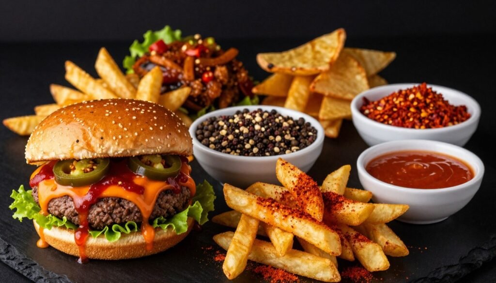 A diverse array of spicy fast food options artfully arranged on a sleek black background. In the foreground, a towering spicy burger with vibrant red and orange sauces dripping from the edges, garnished with jalapeño slices and fresh lettuce. Beside it, crispy spicy fries dusted with chili powder, and a small bowl of fiery dipping sauce. In the middle ground, a colorful explosion of condiments and spices, such as chili flakes and crushed peppercorns. The atmosphere is dynamic and energetic, with warm, ambient lighting that highlights the textures and colors of the food. A slight overhead angle captures the enticing arrangement, making the viewer feel as if they are about to indulge in this bold culinary experience. A diverse array of spicy fast food options artfully arranged on a sleek black background. In the foreground, a towering spicy burger with vibrant red and orange sauces dripping from the edges, garnished with jalapeño slices and fresh lettuce. Beside it, crispy spicy fries dusted with chili powder, and a small bowl of fiery dipping sauce. In the middle ground, a colorful explosion of condiments and spices, such as chili flakes and crushed peppercorns. The atmosphere is dynamic and energetic, with warm, ambient lighting that highlights the textures and colors of the food. A slight overhead angle captures the enticing arrangement, making the viewer feel as if they are about to indulge in this bold culinary experience.
