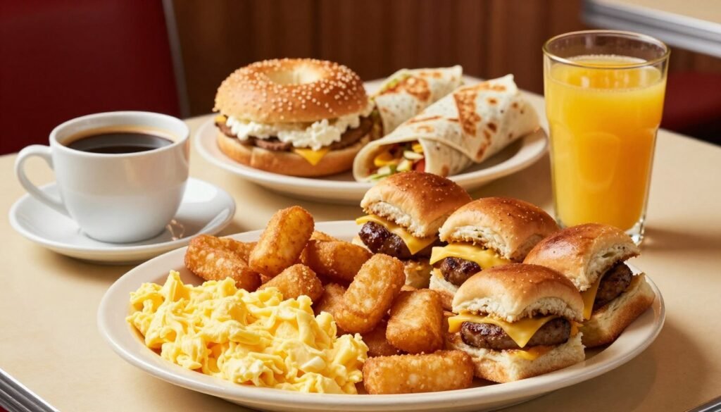 A mouth-watering table displaying an array of White Castle breakfast combo meals. In the foreground, a plate of fluffy scrambled eggs, crispy hash browns, and a selection of mini sliders featuring sausage, egg, and cheese. A cup of fresh coffee and an orange juice glass sit beside the plate. In the middle ground, a full breakfast combo including a toasted bagel topped with cream cheese and a side of breakfast wraps is arranged invitingly. The background features a cozy diner atmosphere with soft, warm lighting, enhancing the appetizing colors of the food. The scene is captured from a top-down angle, showcasing the delicious variety and inviting presentation, evoking a cheerful morning vibe. A mouth-watering table displaying an array of White Castle breakfast combo meals. In the foreground, a plate of fluffy scrambled eggs, crispy hash browns, and a selection of mini sliders featuring sausage, egg, and cheese. A cup of fresh coffee and an orange juice glass sit beside the plate. In the middle ground, a full breakfast combo including a toasted bagel topped with cream cheese and a side of breakfast wraps is arranged invitingly. The background features a cozy diner atmosphere with soft, warm lighting, enhancing the appetizing colors of the food. The scene is captured from a top-down angle, showcasing the delicious variety and inviting presentation, evoking a cheerful morning vibe.