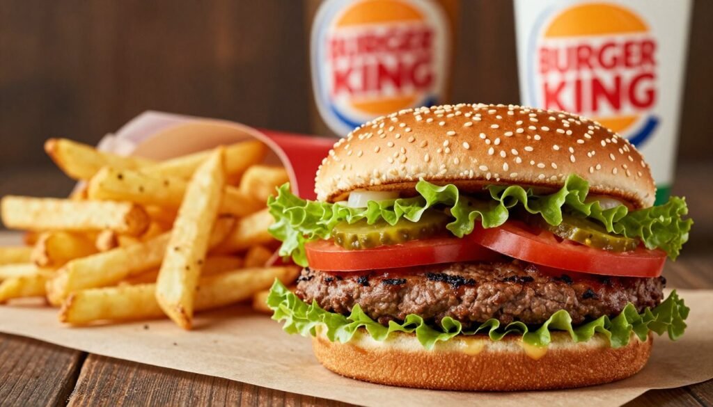 A mouthwatering Impossible Whopper displayed prominently in the foreground, showcasing its vibrant layers of fresh lettuce, ripe tomatoes, pickles, and a juicy plant-based patty, all nestled within a lightly toasted sesame seed bun. The middle ground features a side of crispy golden french fries, perfectly arranged in a classic fast-food style. In the background, a softly blurred out Burger King logo can be seen, adding brand context without distraction. The scene is illuminated with warm, soft lighting to evoke a welcoming and appetizing atmosphere. The angle is slightly overhead, capturing the complete meal with a focus on texture and color contrast. The overall mood is lively and enticing, perfect for food enthusiasts exploring delicious burger options.