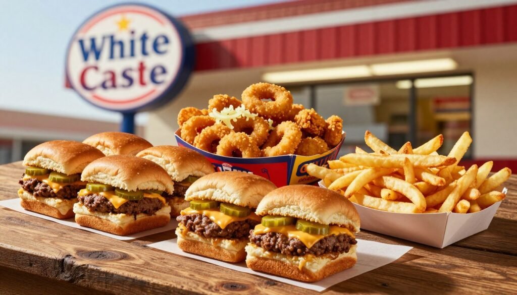 A mouthwatering display of White Castle Goodyear Value Meals beautifully arranged on a rustic wooden table. In the foreground, showcase an assortment of sliders, each topped with melted cheese and fresh pickles, alongside a generous serving of crispy french fries. The middle ground features a vibrant paper box of chicken rings and a side of savory onion chips, all illuminated by a warm, inviting glow. In the background, lightly blurred, a cheerful White Castle restaurant sign adds context, enhancing the cozy diner atmosphere. Use soft, diffused natural lighting to bring out the mouthwatering details, while a slight overhead angle captures the delicious spread. The mood is friendly and enticing, inviting viewers to indulge in their favorite fast-food experience.