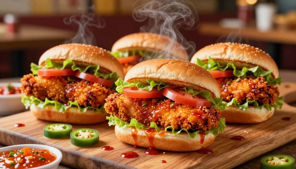 A mouthwatering display of fiery chicken sandwiches, featuring golden, crispy chicken fillets coated in a spicy, red-hued glaze, garnished with fresh lettuce and slices of ripe tomatoes. The sandwiches are served on warm, toasted brioche buns, with steam rising from the hot ingredients, emphasizing their spiciness. In the foreground, the sandwiches are artfully arranged on a wooden cutting board, splattered with sauces in bold colors. The middle ground includes a few scattered spicy jalapeño slices and a side of vibrant, spicy dipping sauce in a small bowl. The background should be softly blurred to suggest a cozy, inviting fast-food restaurant setting, with warm lighting creating an appetizing atmosphere and highlighting the vivid colors of the food. Capture this scene at a slightly angled view that angles towards the sandwiches, enhancing their delicious appeal. A mouthwatering display of fiery chicken sandwiches, featuring golden, crispy chicken fillets coated in a spicy, red-hued glaze, garnished with fresh lettuce and slices of ripe tomatoes. The sandwiches are served on warm, toasted brioche buns, with steam rising from the hot ingredients, emphasizing their spiciness. In the foreground, the sandwiches are artfully arranged on a wooden cutting board, splattered with sauces in bold colors. The middle ground includes a few scattered spicy jalapeño slices and a side of vibrant, spicy dipping sauce in a small bowl. The background should be softly blurred to suggest a cozy, inviting fast-food restaurant setting, with warm lighting creating an appetizing atmosphere and highlighting the vivid colors of the food. Capture this scene at a slightly angled view that angles towards the sandwiches, enhancing their delicious appeal.