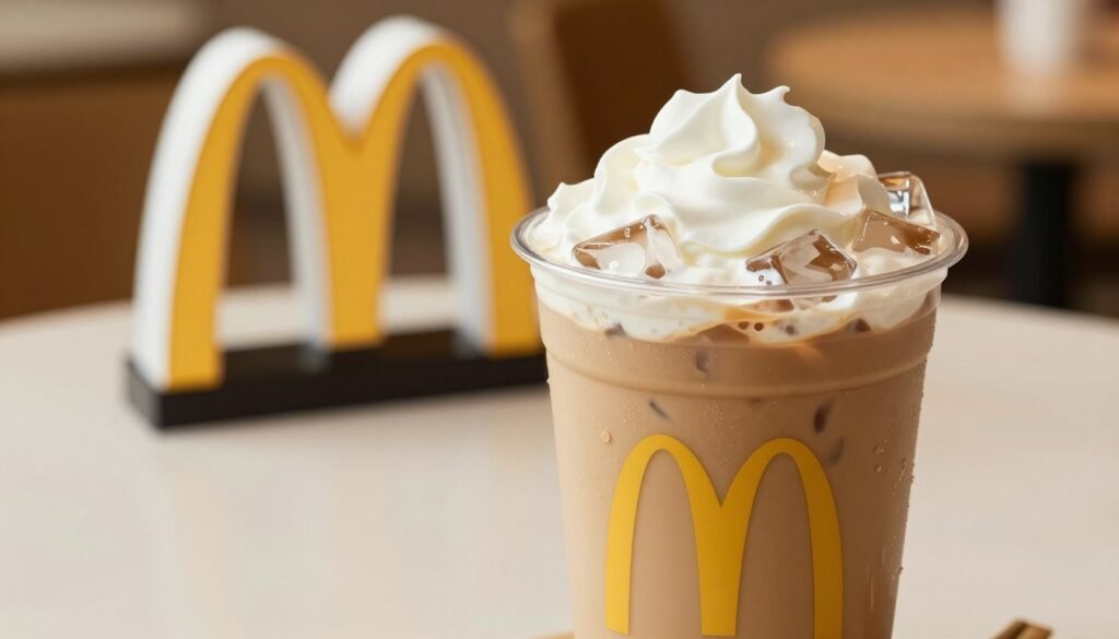 A refreshing iced coffee from McDonald's sits prominently in the foreground, showcasing a clear cup filled with smooth, creamy coffee blended with ice cubes, topped with a dollop of whipped cream. The light gleams off the icy surface, emphasizing the chill and inviting freshness. In the middle ground, a blurred, stylized McDonald's logo can be faintly seen on a clean countertop, hinting at its origin without being the focal point. The background features a soft-focus coffee shop interior, with warm lighting and cozy seating, creating a welcoming atmosphere that invites customers to indulge in their favorite cold beverage. The scene is captured with a slight overhead angle, highlighting the details of the iced coffee while maintaining an overall inviting and vibrant mood. A refreshing iced coffee from McDonald's sits prominently in the foreground, showcasing a clear cup filled with smooth, creamy coffee blended with ice cubes, topped with a dollop of whipped cream. The light gleams off the icy surface, emphasizing the chill and inviting freshness. In the middle ground, a blurred, stylized McDonald's logo can be faintly seen on a clean countertop, hinting at its origin without being the focal point. The background features a soft-focus coffee shop interior, with warm lighting and cozy seating, creating a welcoming atmosphere that invites customers to indulge in their favorite cold beverage. The scene is captured with a slight overhead angle, highlighting the details of the iced coffee while maintaining an overall inviting and vibrant mood.