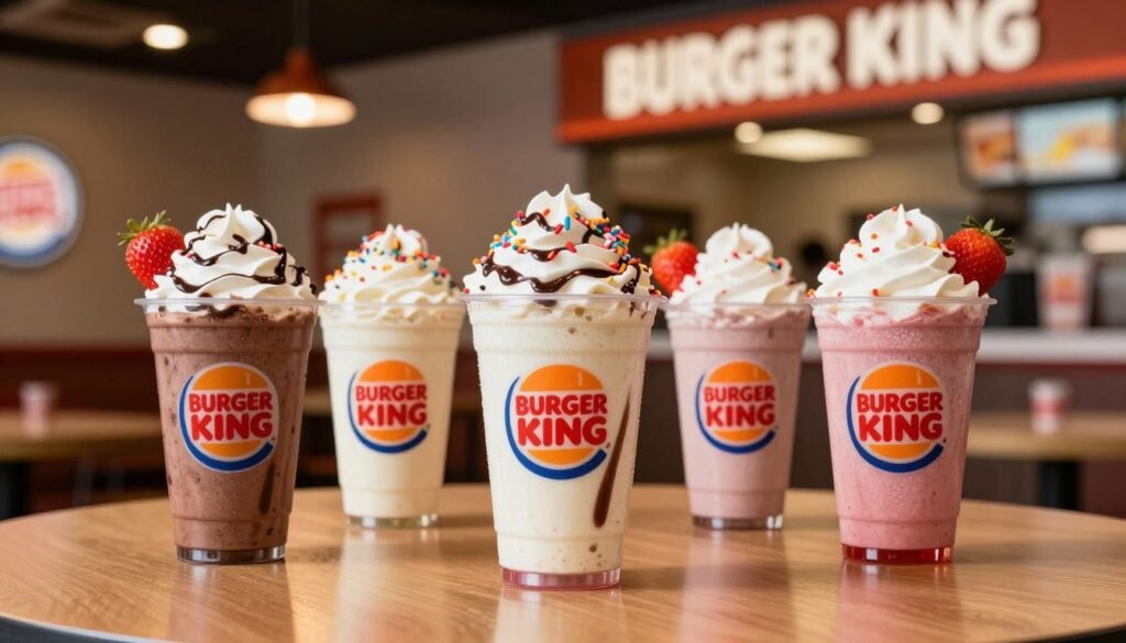 A tantalizing display of Burger King milkshakes, featuring three distinct flavors: chocolate, vanilla, and strawberry. In the foreground, each milkshake is adorned with whipped cream, chocolate syrup, and colorful sprinkles, served in iconic clear plastic cups with Burger King branding. The middle layer focuses on a smooth, inviting table surface that reflects the vibrant colors of the shakes. In the background, softly blurred silhouettes of Burger King restaurants creates an inviting atmosphere, hinting at the fast-food experience. The lighting is warm and inviting, casting a soft glow on the shakes that emphasizes their rich textures and refreshing nature. The shot is taken from a slightly elevated angle to showcase the details of the milkshakes while capturing the essence of a vibrant dining setting.